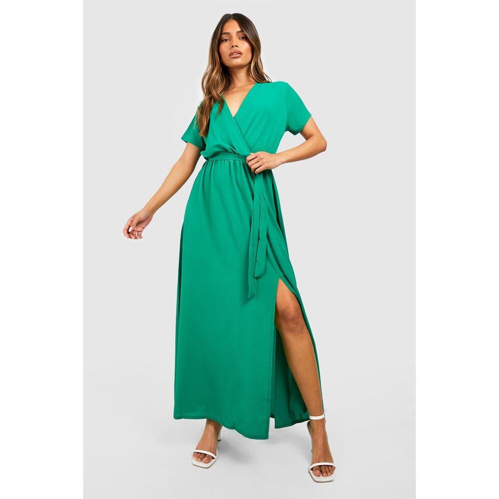 Boohoo Womens Dress Emerald Green Faux Wrap Maxi Dress Short Sleeve NEW